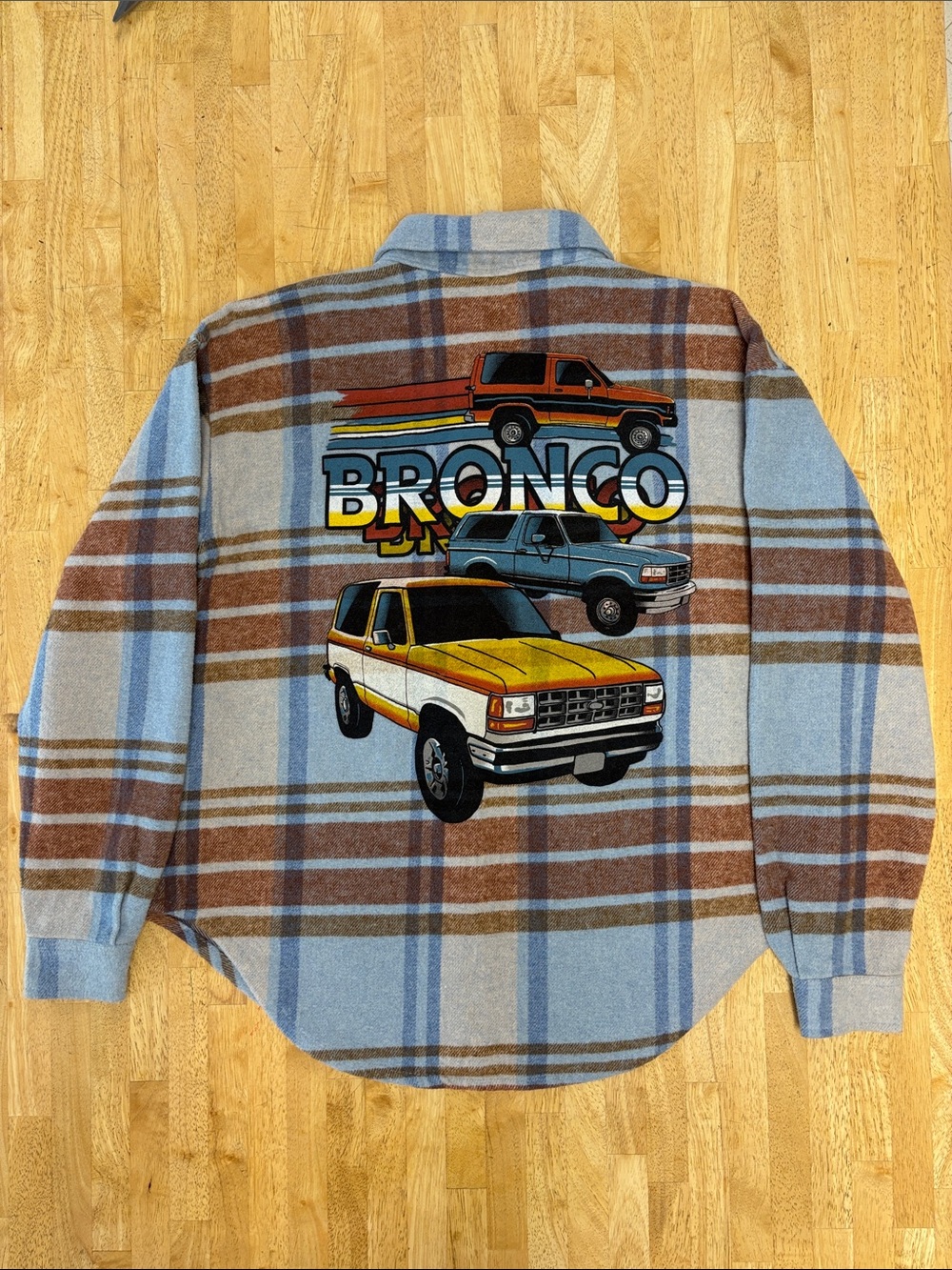 Ford Bronco Plaid Flannel Shirt Shacket Retro Graphic Jacket Vintage Blue XS